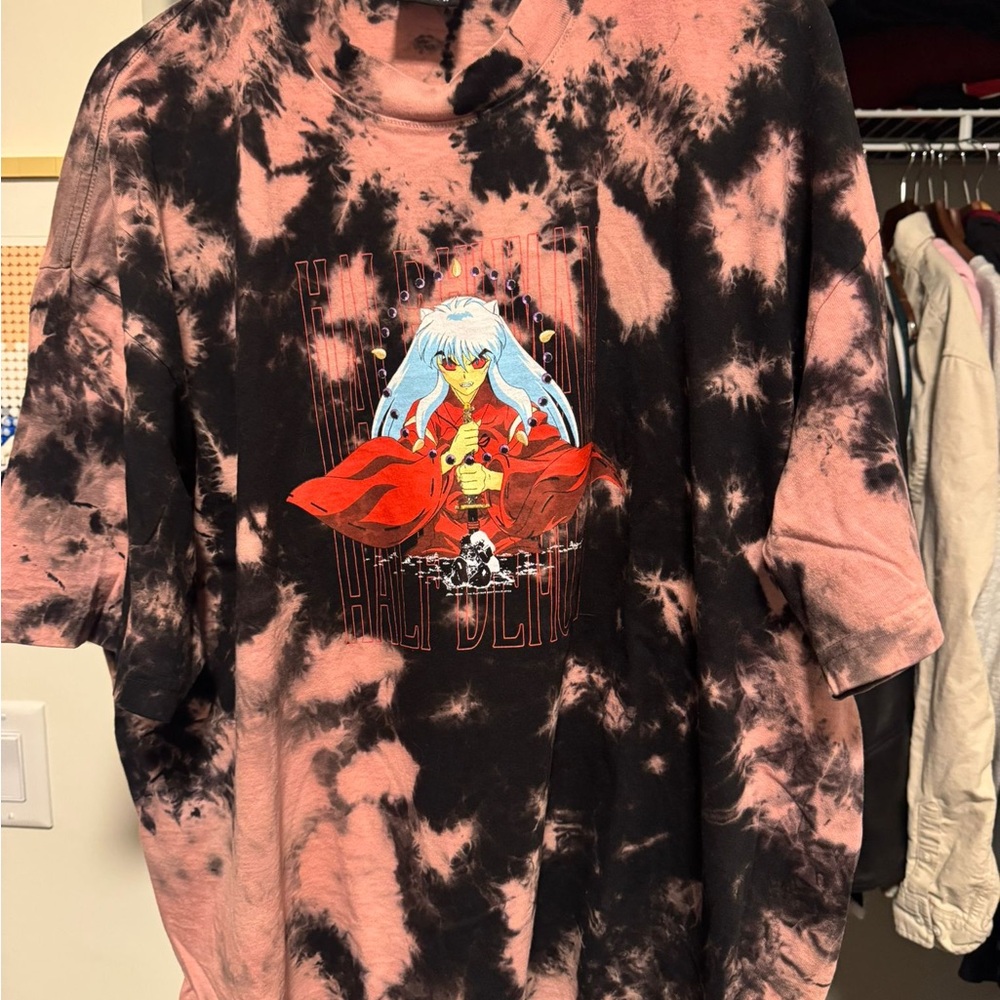 Inuyasha: Black and Pink Tie-Dye Graphic T-Shirt